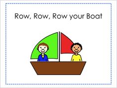 a boat with two people on it and the words row, row your boat below