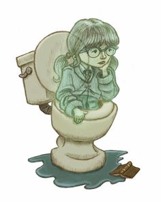 a drawing of a woman sitting on top of a toilet in the middle of water