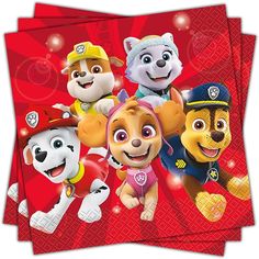 four paw patrol napkins on top of each other, with the characters in red and yellow