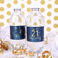 two water bottles with happy 21st birthday labels on them