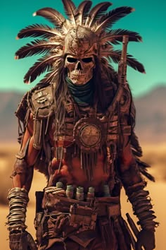 a man dressed as a native american warrior in the desert with feathers on his head