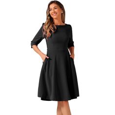 This formal dress, with its unique and sophisticated a-line hem style, adds to your selection for the next seasons with its timeless classic design. This vintage style features a lovely boat neckline, a fitted silhouette, and flared semi-swing skirts that tighten and accentuate curves, making it a figure-flattering piece. Breathable and well-made cloth that elongates your legs and draws attention to your waist. An urban trendy exquisite business lady style can be created by pairing with high hee Midi Fit And Flare Dress, Office Dresses For Women Work Attire, Trendy Business Casual Outfits, Business Lady, Wear To Work Dress, Office Dresses For Women, Work Dresses For Women, Lady Style, Dress Attire