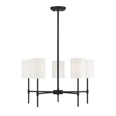 three light chandelier with white shades on the bottom and black metal frame,