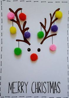 a christmas card made with pom - poms and reindeer's nose on it