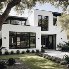 a white house with lots of windows and plants