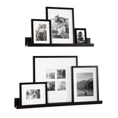 three black and white frames with pictures on them