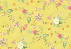 a yellow floral wallpaper with pink and white flowers on the bottom, green leaves