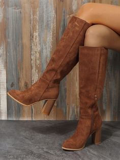 2024 Fall Women's Pointed Toe Thigh High Boots, Apricot Suede Fabric, Elastic Slim Fit, Thick Heel Over-The-Knee Boots Brown         Women Shoes, size features are:Bust: ,Length: ,Sleeve Length: Knee High Boots Winter, Walking Women, Brown Knee High Boots, Knee High Heels, Faux Suede Boots, New Rock, Classic Boots, Womens Knee High Boots