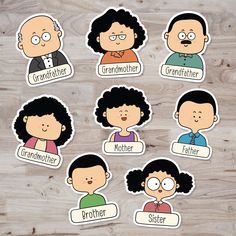 six stickers with different people on them, including one man and the other woman