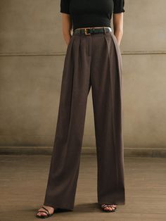 Women's Solid Color Pleated Straight Loose Casual Wide Leg Pants Coffee Brown Casual   Woven Fabric Plain Straight Leg Non-Stretch  Women Clothing, size features are:Bust: ,Length: ,Sleeve Length: Thrift Board, Pleated Dress Pants, Over The Calf Socks, Casual Wide Leg Pants, Elegant Skirt, Womens Pants, Brown Pants, Coffee Brown, Christmas Wishes