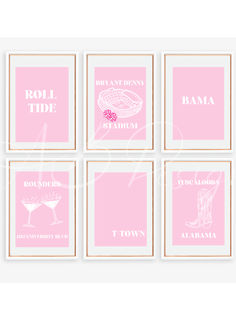 four pink and white art prints with the words roli tide in different languages,