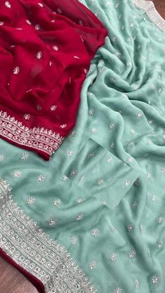 Chinon Saree, Saree Blouse Ideas, Red Saree Blouse, Saree With Contrast Blouse, Half Saree Function, Bollywood Designer Sarees, All Over Embroidery, Blouse Ideas, Chiffon Sarees