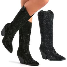 Step Out In These Eye Catching Sparkly Rhinestone Cowboy Boots New In Box Faux Leatherette Material Rhinestone Encrusted Uppers Lightly Padded Insole Side Zipper For Easy Shoe Removal Heel Height: 3 In. Fitting: True To Size. Regular Fit. Black Rhinestone Cowboy Boots, Western Party Boots With Rhinestones, Western Rhinestone Party Boots, Western Style Party Boots With Rhinestones, Winter Boots With Rhinestone Fringe, Black Party Boots With Rhinestone Rivets, Black Rhinestone Boots With Round Toe, Black Rhinestone Round Toe Boots, Fall Rhinestone Fringe Boots For Night Out