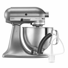 an image of a silver kitchen mixer on a white background with the attachment attached to it