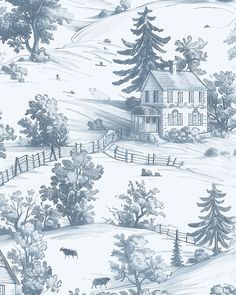 a blue and white wallpaper with trees, houses and cows in the snow near a fence