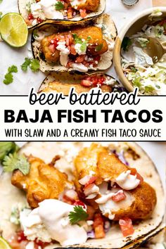 three different types of fish tacos on top of each other