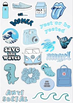 various stickers and decals are shown in this graphic design style, including the words save the waves