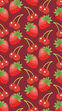 a red background with strawberries and cherries on the bottom, one is green