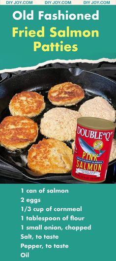 an old fashioned fried salmon patties recipe in a skillet with instructions on how to cook them