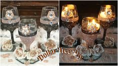 there are three wine glasses on the table and one is decorated with crystal flowers,