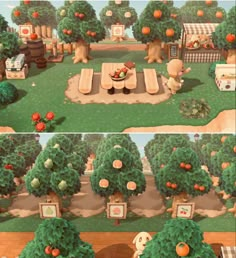 two pictures of an animated park with trees, benches and picnic tables in the background