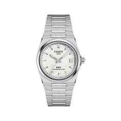 With its evocative and slim styling, the reimagined Tissot PRX Powermatic 80 is an automatic watch for those with a passion for design and an eye for ingenuity. The 35mm tonneau-shaped brushed stainless steel case has a white patterned dial and exhibition case backFeatures include a date display, Superluminova® details and scratch-resistant sapphire crystal with anti-reflective coatingThe Powermatic 80 movement features a patented Nivachron balance spring and has a power reserve of 80 hoursWrist movement enables the mechanism to runThe brushed stainless steel bracelet secures with a push-button butterfly claspWater-resistant to 100 meters Timeless White Gold Watch With Analog Display, Modern White Gold Watch With Date Indicator, Timeless White Gold Analog Watch, Timeless White Gold Watches With Date Indicator, Tissot Prx Powermatic 80, Button Butterfly, Tissot Watches, Unisex Watches, Brushed Stainless Steel