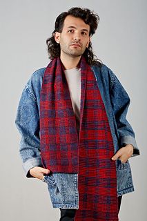 a man standing with his hands in his pockets wearing a red and blue plaid scarf