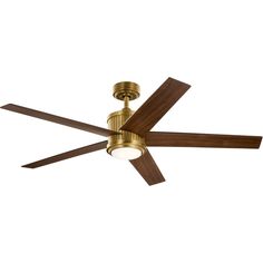 a ceiling fan with two wooden blades and a light fixture on the top of it