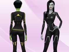 a woman in black and yellow bodysuit standing next to each other