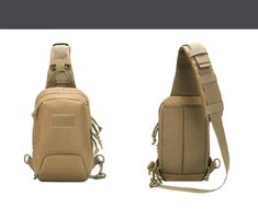 the back and side view of a tan sling bag