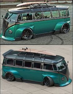 an old green van with surfboards on top and another photo of the same vehicle