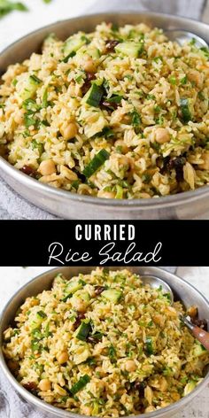 rice salad in two pans on top of each other with the words currie rice salad above it