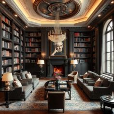 a living room filled with furniture and a fire place in the middle of a library