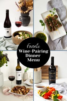 four different pictures with wine, food and drinks on the table in front of them