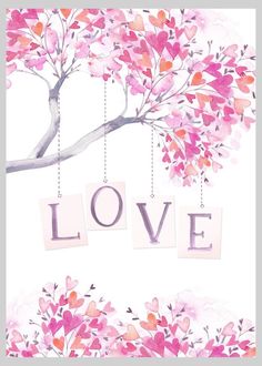 the word love is hanging from a tree with pink leaves and hearts on it's branches