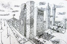 a drawing of a city with tall buildings