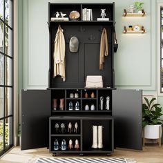 a black cabinet with shoes and coats on it in front of a green wall next to a white rug