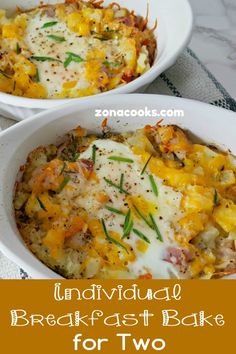 two servings of individual breakfast bake for two are shown in white bowls with green and yellow sprigs on top