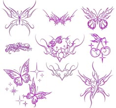 the tattoo designs are drawn in purple ink and have different shapes, sizes and colors