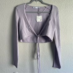 Zara Women’s Long Sleeve Ballet Wrap Top Sweater Cardigan Size: Medium Details: New With Tags. Black Lace Trim Shorts, Zara Poplin Shirt, Ballet Sweater, Ballet Wrap Top, Boho Long Sleeve Top, Purple Wrap, Sheer Floral Blouse, Ballet Clothes, Lace Trim Shorts