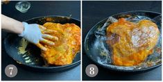 two pictures showing how to cook food in a cast iron skillet