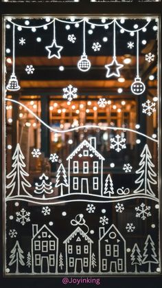 Create a magical winter scene right in your own home with this enchanting windowpane decoration. This simple yet stunning design features snow-covered houses, twinkling lights, and playful snowflakes, all hand-painted for a personalized touch. Let the cozy glow of your festive display warm your heart and spread holiday cheer. #ChristmasDecor #DIYChristmas #WinterWonderland #WindowDecoration #HolidayDecor #WinterScene #FestiveDecor #CozyHome #ChristmasSpirit #HolidayCheer Winter Window Painting Simple, Window Drawing Christmas Hand Drawn, Christmas Light Window Painting, Winter Village Window Painting, Decorated Windows For Christmas, Window Christmas Art Ideas, White Chalk Pen Christmas Window, Windows Winter Decoration, Office Window Christmas Decor