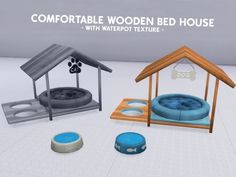 three different types of dog beds in various shapes and sizes, with text that reads comfortable wooden bed house with waterpot texture