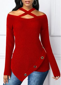 Red Christmas Asymmetric Hem Cold Shoulder Cross Strap Sweater Sweater Types, Ladies Sweaters, Fall Fashion Sweaters, Fall Sweaters For Women, Embellished Sweater, Tops Trendy, Apple Shape, Trendy Tops For Women, Buy Sweaters