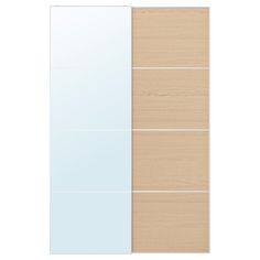 two panels of wood and glass with white trims on each panel, one in the middle