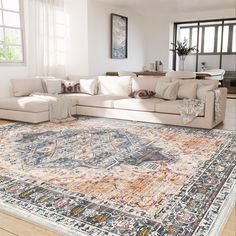 a living room area with a large rug on the floor and windows in the background