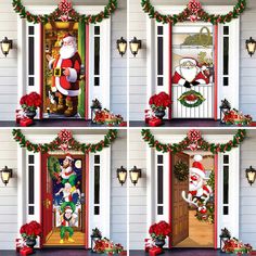 four pictures of santa claus and his elves in front of a house with christmas decorations