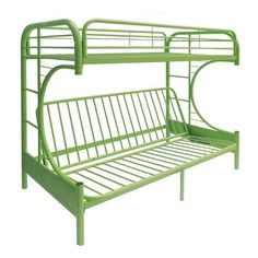 a green metal bunk bed frame