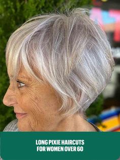 Pixie Bob with Soft Bangs on Thinning Hair Women in Their Sixties Natural White Hair, Long Pixie Cut, Mama Hair, Edgy Short Haircuts, Layered Bobs, Hair Color Caramel, Long Pixie Cuts