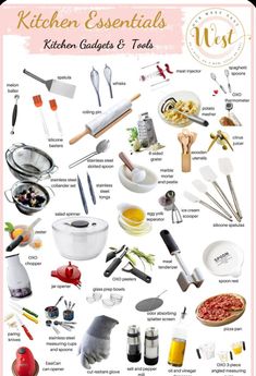 the kitchen essentials poster is shown with all kinds of utensils and ingredients